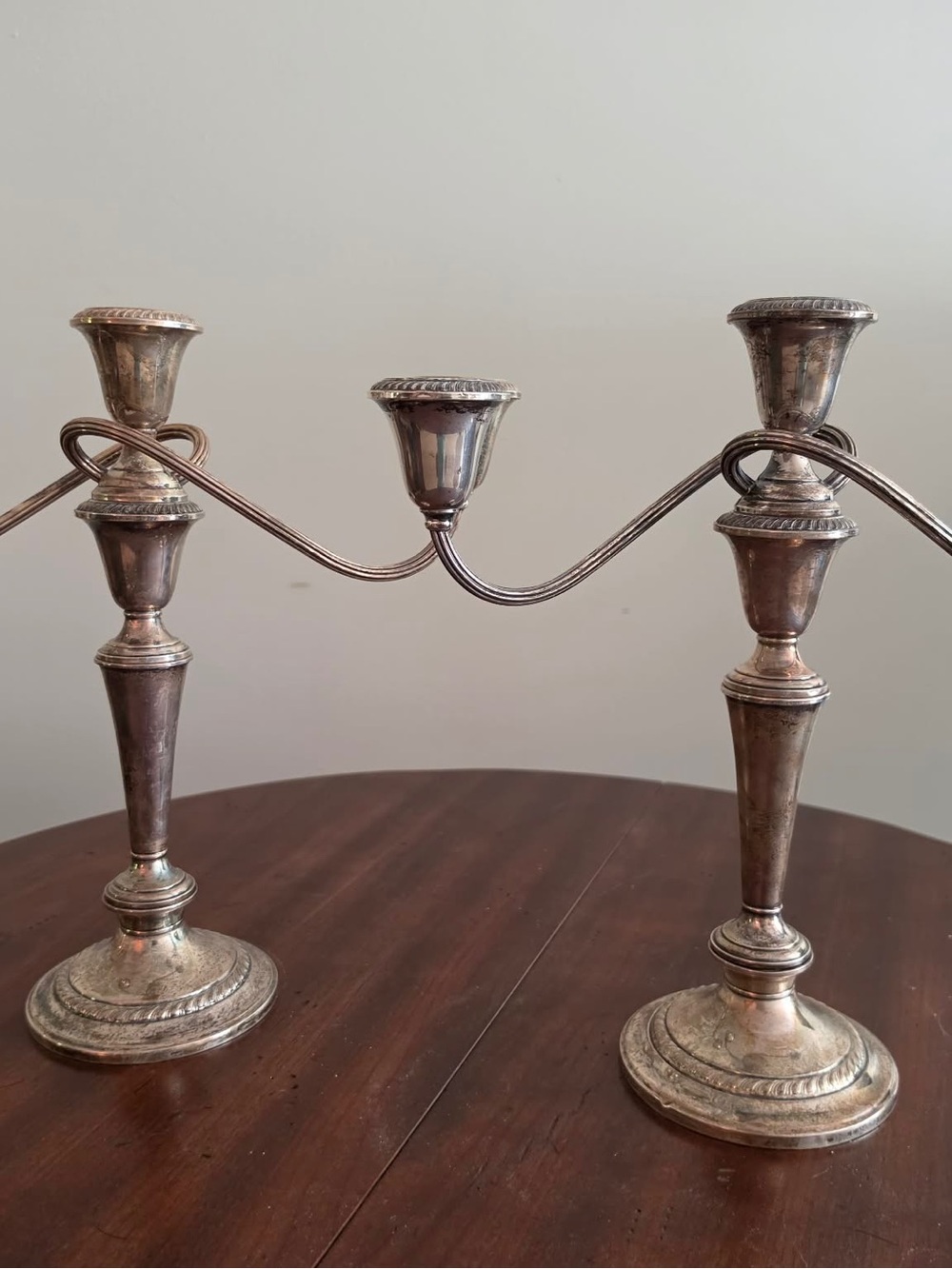 Pair of Gorham Sterling Silver Weighted Three-Arm Silver Candle Holders